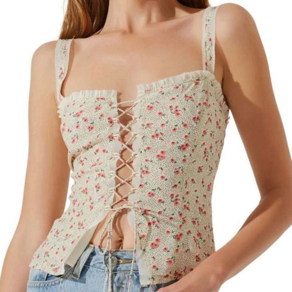 ASTR THE LABEL x NORDSTROM | Cream Pink Ruffle Tank‎ Corset Lace Style | Size XL